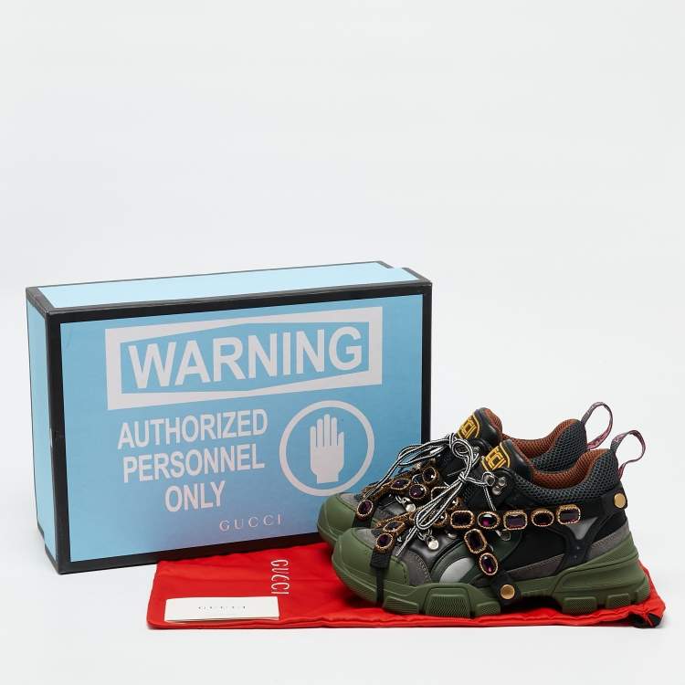 Pre Owned Gucci Green/Black Leather and Mesh Flashtrek Sneakers Size 38.5