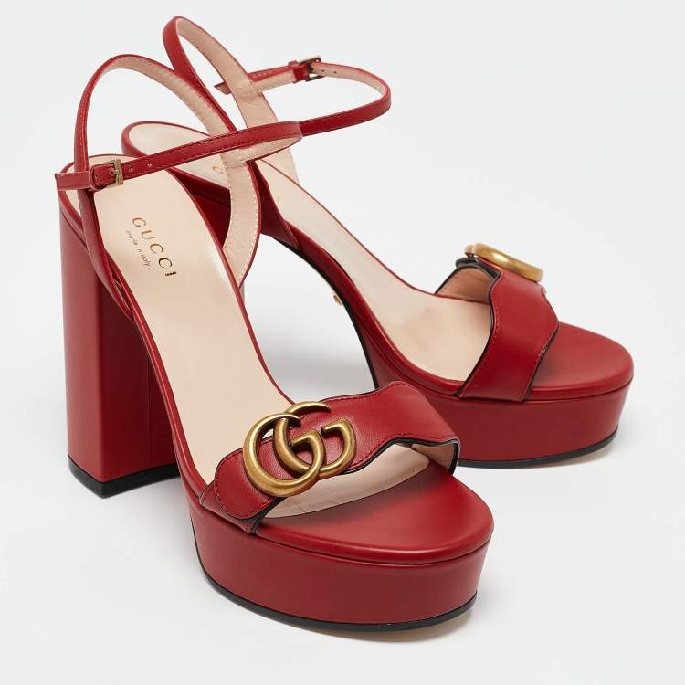 Pre Owned Gucci Red Leather GG Marmont Platform Sandals Size 36
