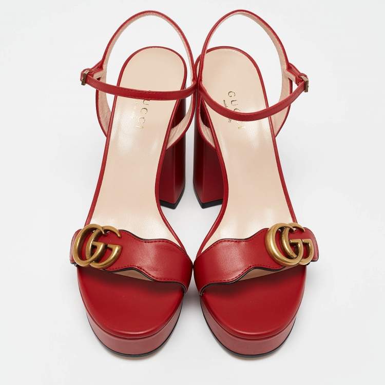 Pre Owned Gucci Red Leather GG Marmont Platform Sandals Size 36