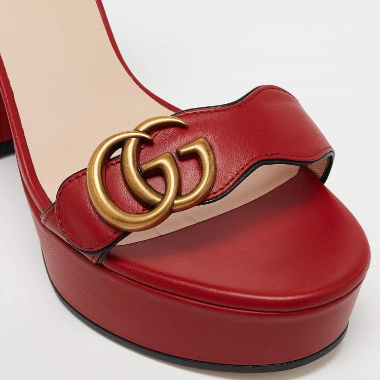 Pre Owned Gucci Red Leather GG Marmont Platform Sandals Size 36