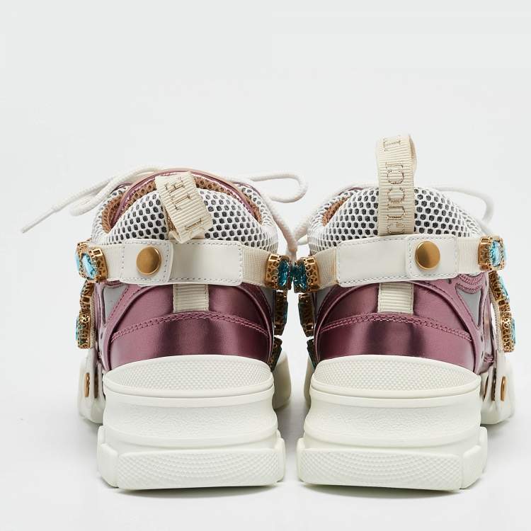 Pre Owned Gucci Metallic Pink Leather and Mesh Flashtrek Sneakers Size 35