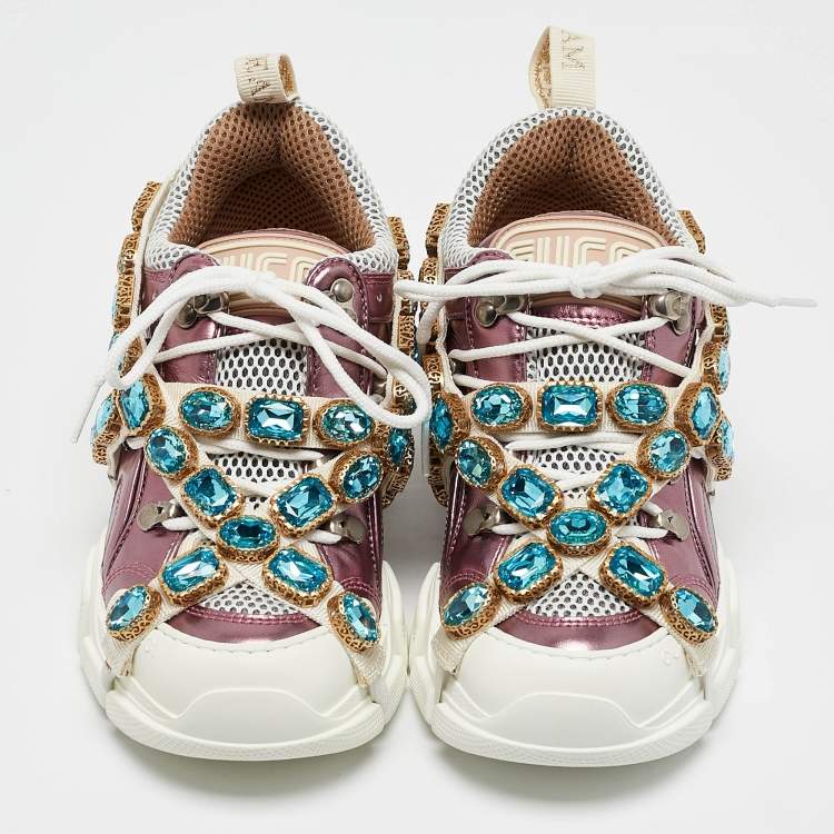 Pre Owned Gucci Metallic Pink Leather and Mesh Flashtrek Sneakers Size 35