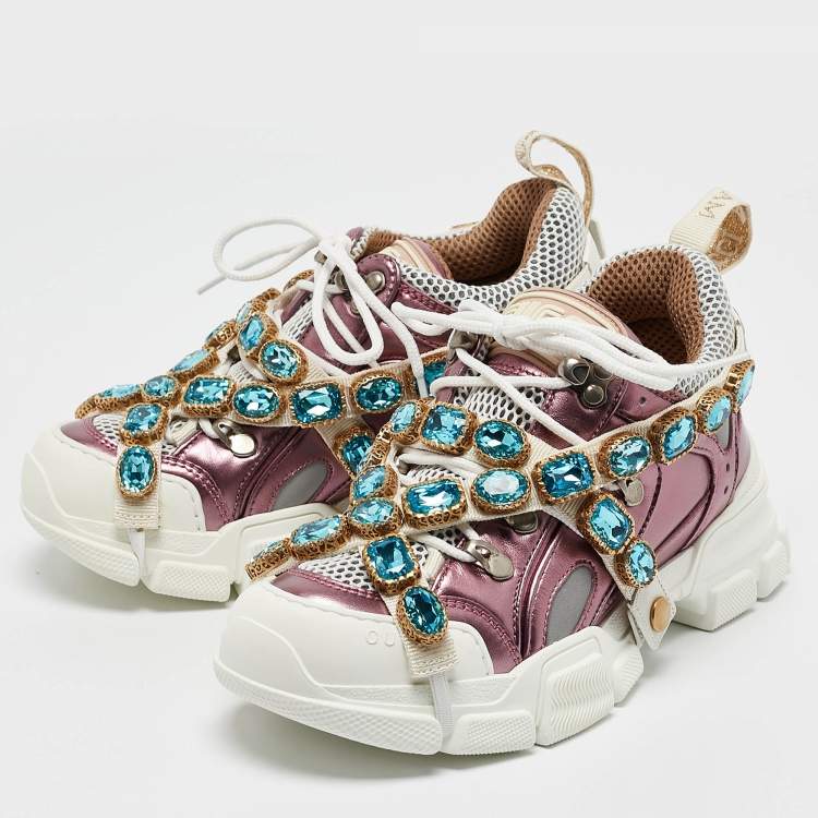 Pre Owned Gucci Metallic Pink Leather and Mesh Flashtrek Sneakers Size 35