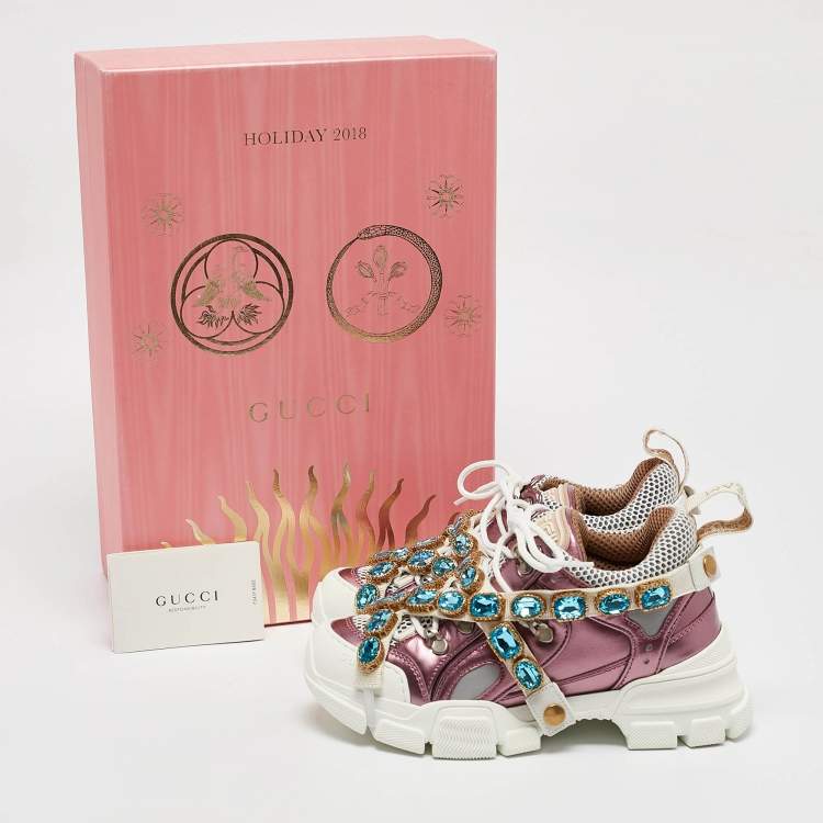 Pre Owned Gucci Metallic Pink Leather and Mesh Flashtrek Sneakers Size 35