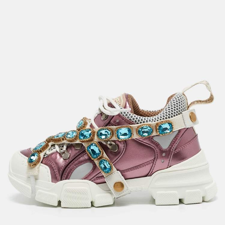 Pre Owned Gucci Metallic Pink Leather and Mesh Flashtrek Sneakers Size 35