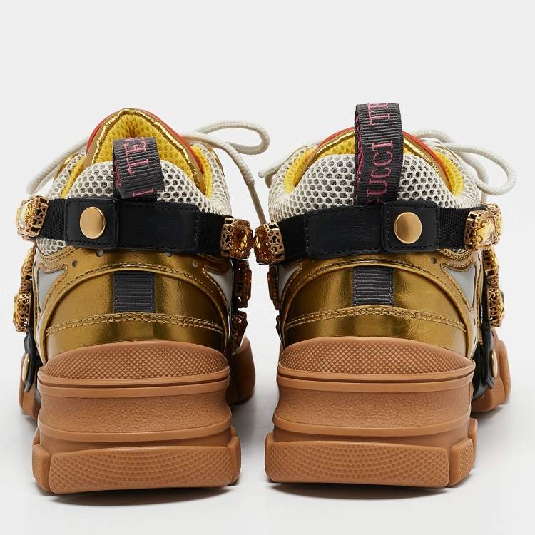 Pre Owned Gucci Gold Leather and Mesh Flashtrek Sneakers Size 35
