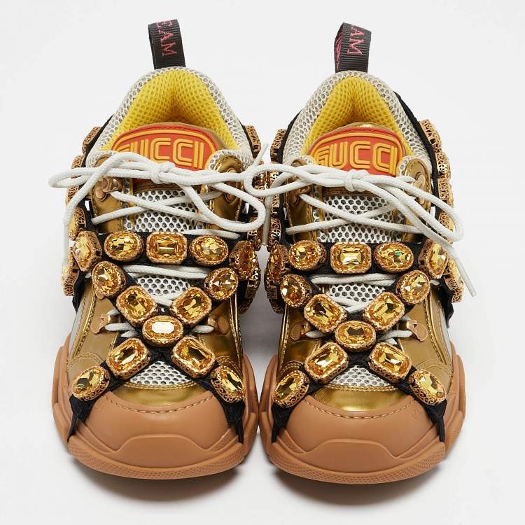 Pre Owned Gucci Gold Leather and Mesh Flashtrek Sneakers Size 35