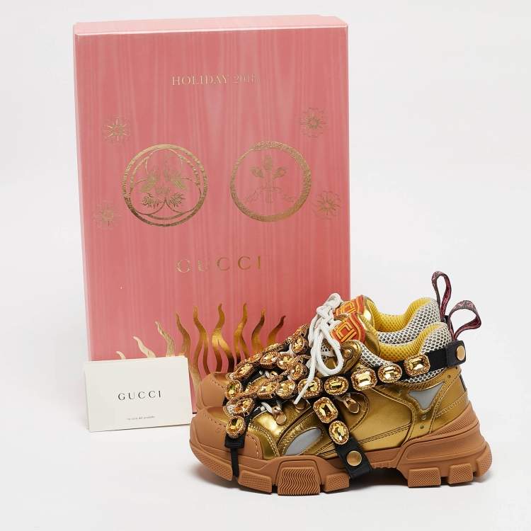 Pre Owned Gucci Gold Leather and Mesh Flashtrek Sneakers Size 35