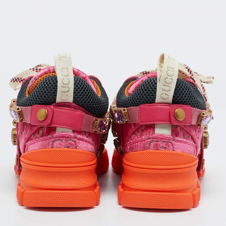 Pre Owned Gucci Pink Jumbo GG Velvet and Mesh Flashtrek Sneakers Size 35