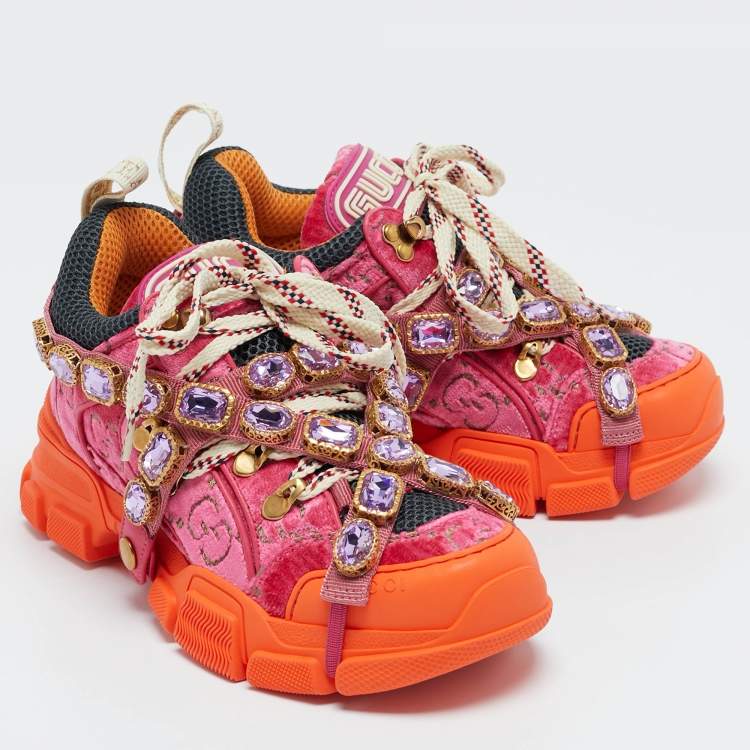 Pre Owned Gucci Pink Jumbo GG Velvet and Mesh Flashtrek Sneakers Size 35