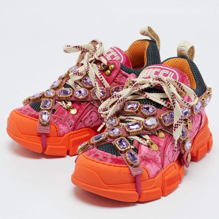 Pre Owned Gucci Pink Jumbo GG Velvet and Mesh Flashtrek Sneakers Size 35