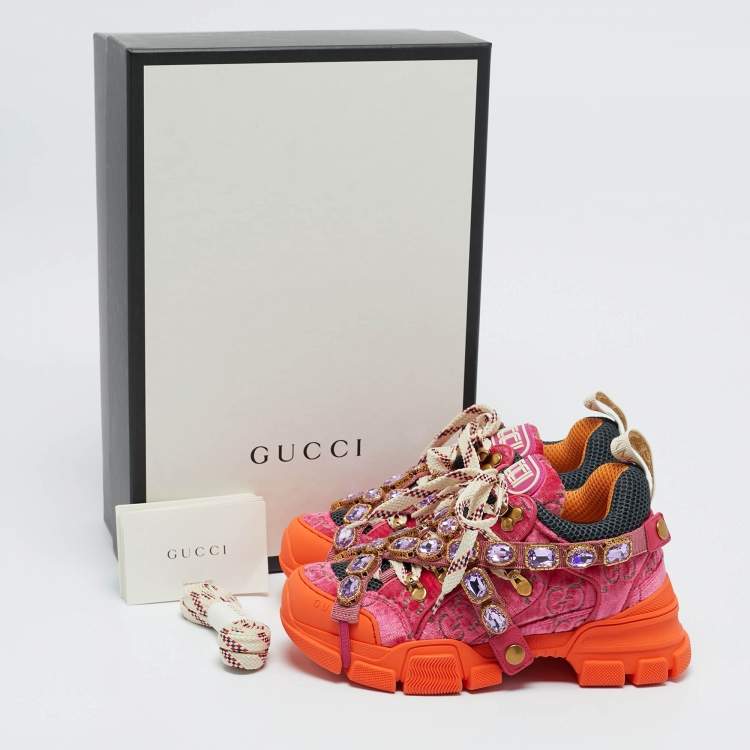 Pre Owned Gucci Pink Jumbo GG Velvet and Mesh Flashtrek Sneakers Size 35