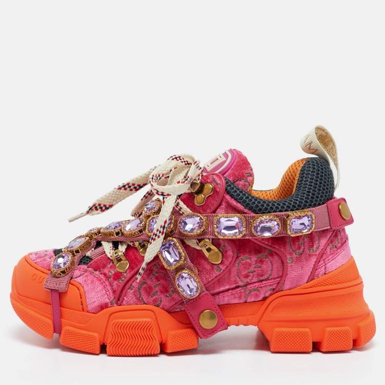 Pre Owned Gucci Pink Jumbo GG Velvet and Mesh Flashtrek Sneakers Size 35