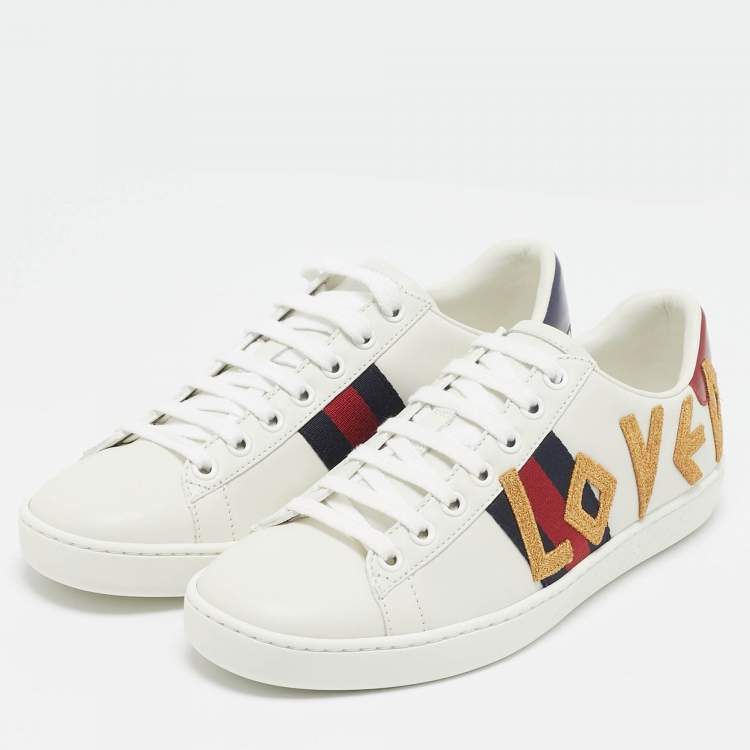 Pre Owned Gucci White Leather Ace Loved Lace Up Sneakers Size 36