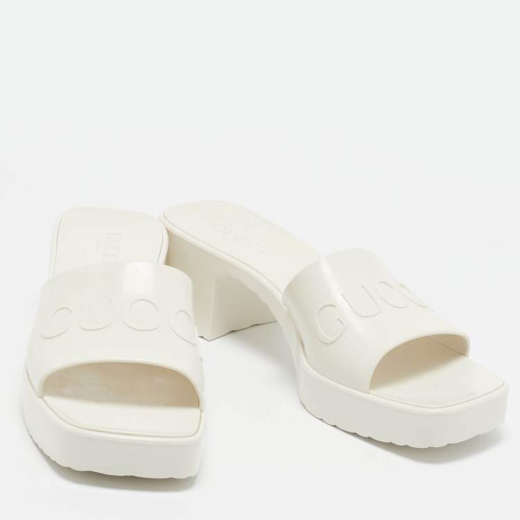 Pre Owned Gucci White Rubber Embossed Logo Block Heel Slide Sandals Size 40