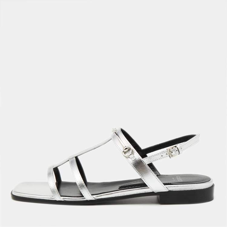 Pre Owned Gucci Silver Leather Divine Flat Sandals Size 38