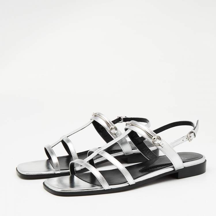 Pre Owned Gucci Silver Leather Divine Flat Sandals Size 38