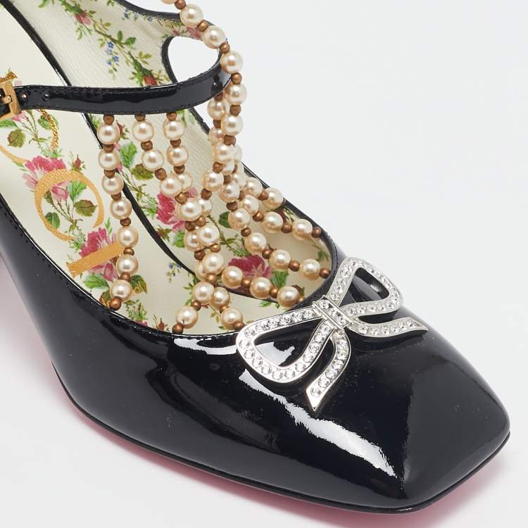 Pre Owned Gucci Black Patent Leather Pearl Embellished T Strap Pumps Size 35