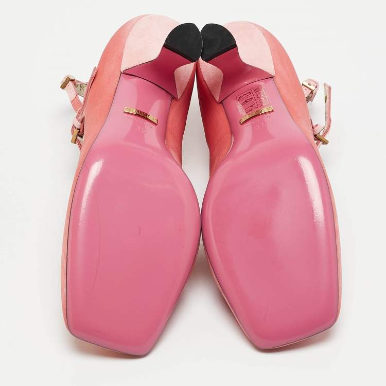 Pre Owned Gucci Pink Fabric Pearl Embellished T-Strap Pumps Size 35
