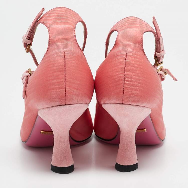 Pre Owned Gucci Pink Fabric Pearl Embellished T-Strap Pumps Size 35