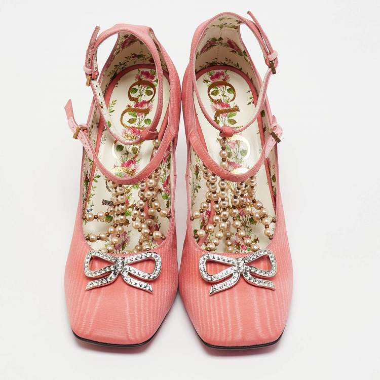 Pre Owned Gucci Pink Fabric Pearl Embellished T-Strap Pumps Size 35
