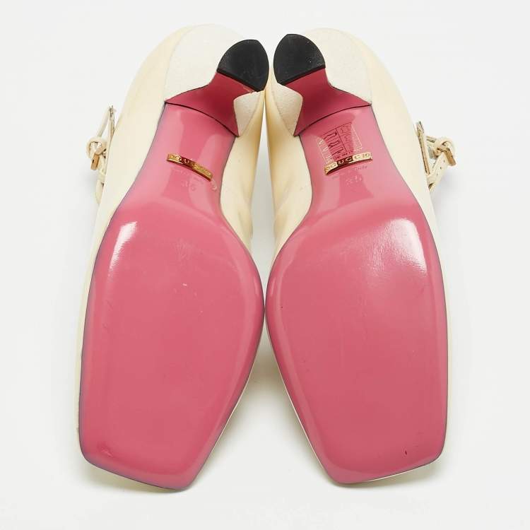 Pre Owned Gucci Cream Patent Leather Pearl Embellished T-Strap Pumps Size 35