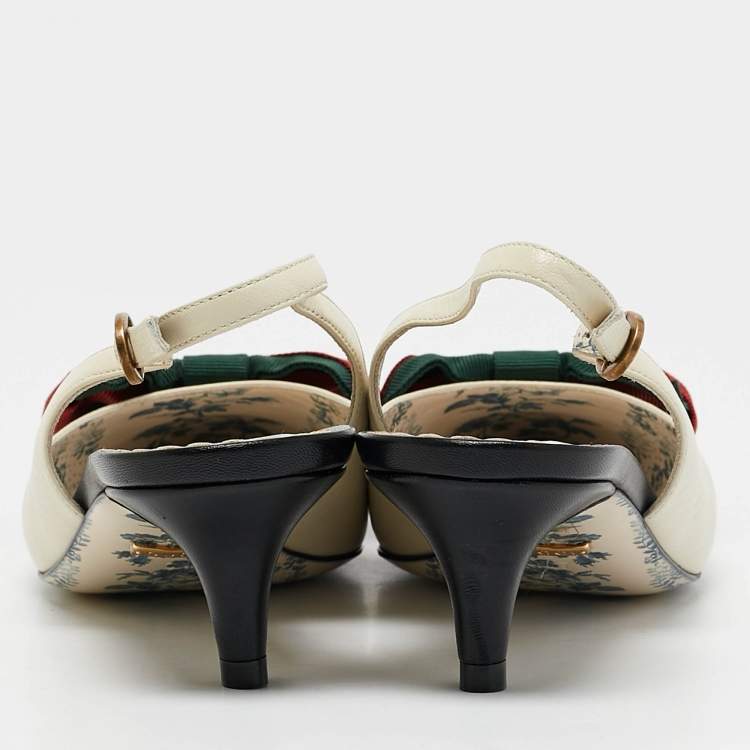 مملوكة مسبقًا Gucci Off White/Black Leather Sylvie Web Bow Slingback Pumps Size 37