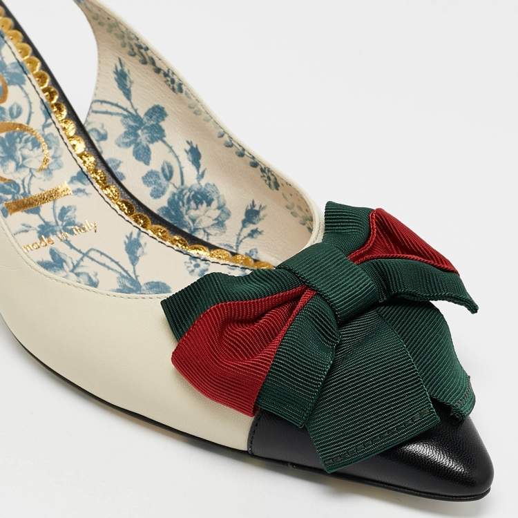 مملوكة مسبقًا Gucci Off White/Black Leather Sylvie Web Bow Slingback Pumps Size 37
