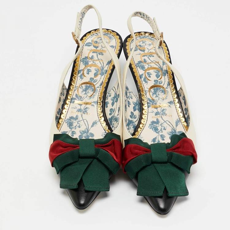 مملوكة مسبقًا Gucci Off White/Black Leather Sylvie Web Bow Slingback Pumps Size 37