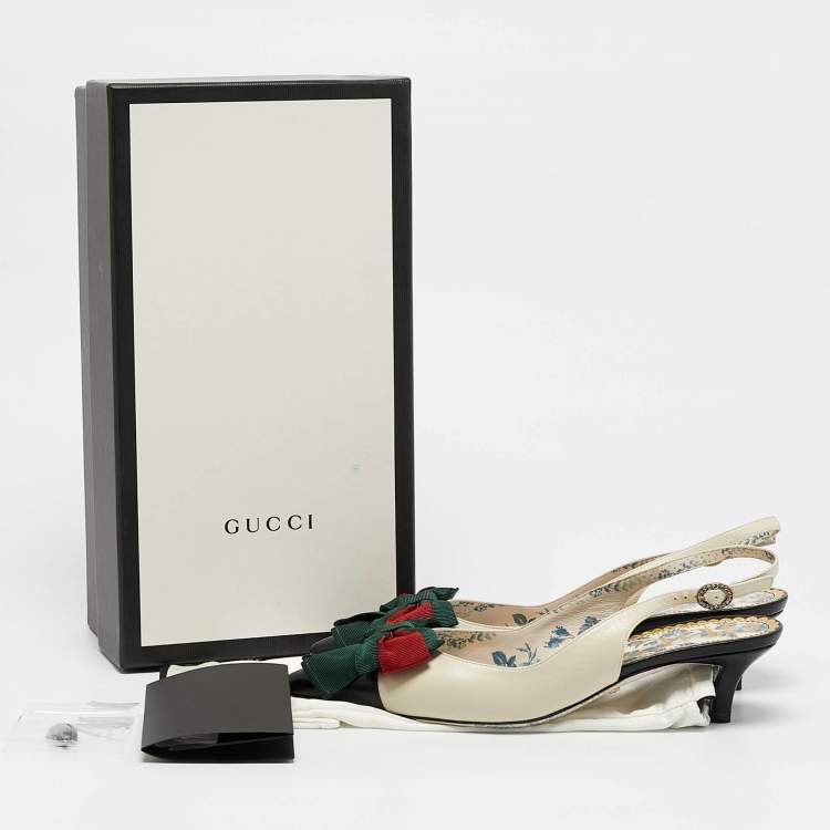 مملوكة مسبقًا Gucci Off White/Black Leather Sylvie Web Bow Slingback Pumps Size 37