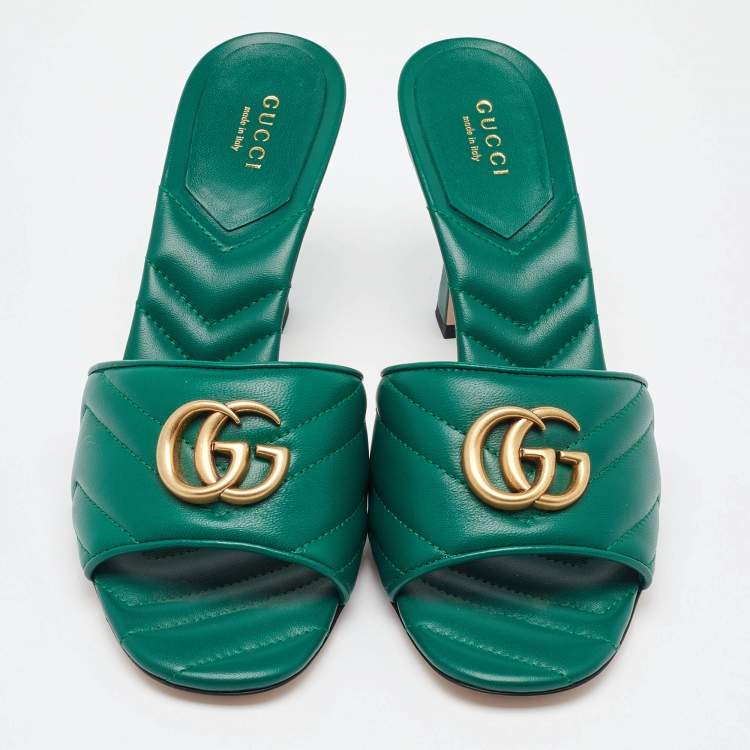 Pre Owned Gucci Green Matelasse Leather GG Marmont Slide Sandals Size 39