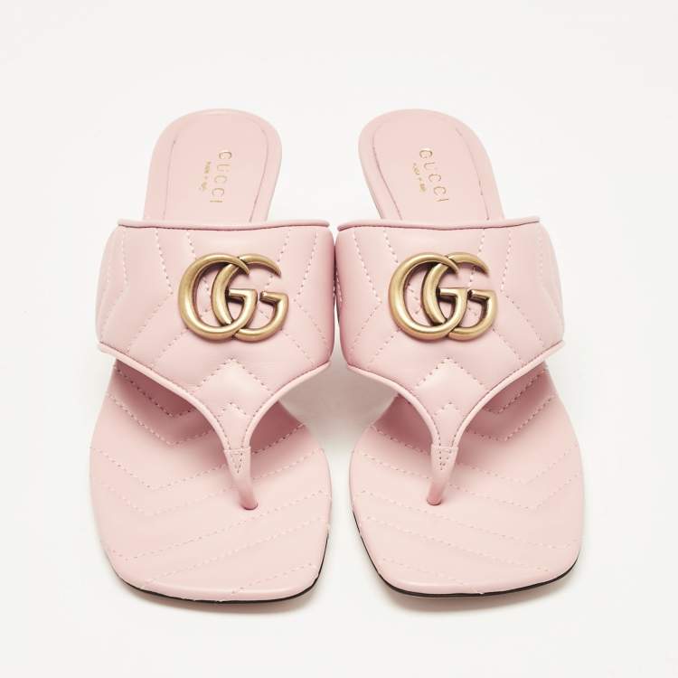 Pre Owned Gucci Pink Matelassé Leather GG Marmont Thong Sandals Size 37