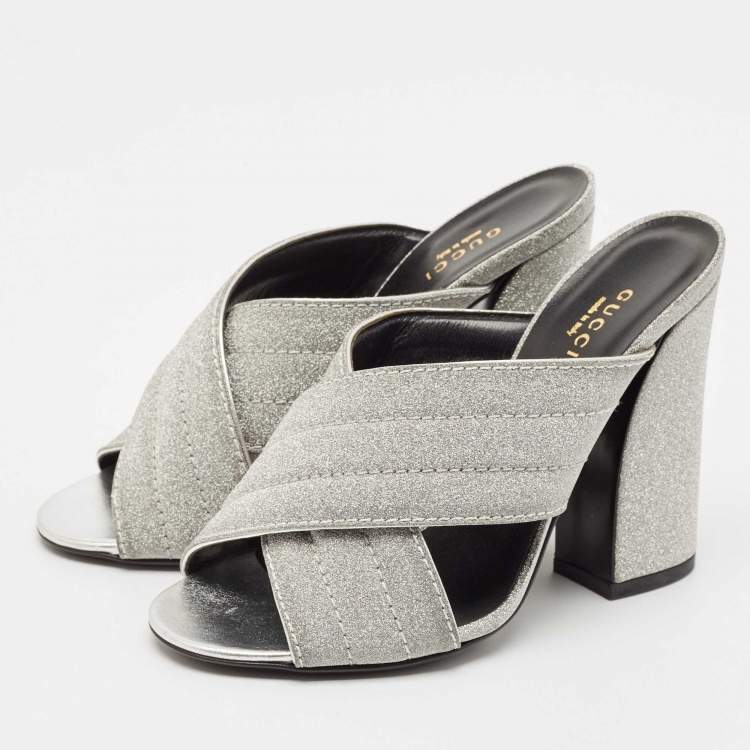 Pre Owned Gucci Silver Glitter Webby Criss Cross Slide Sandals Size 37.5