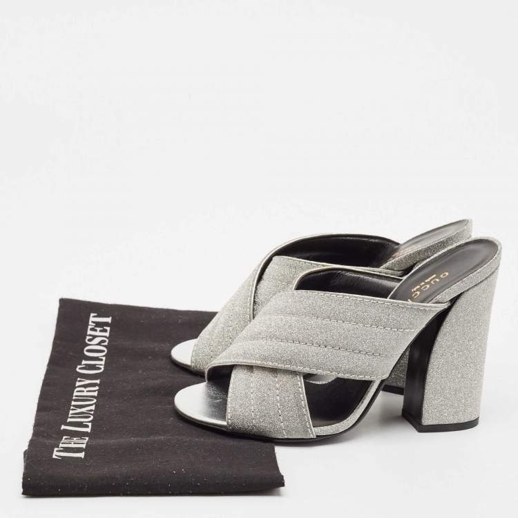 Pre Owned Gucci Silver Glitter Webby Criss Cross Slide Sandals Size 37.5