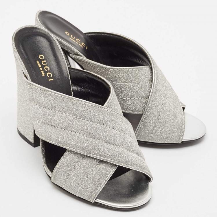 Pre Owned Gucci Silver Glitter Webby Criss Cross Slide Sandals Size 37.5