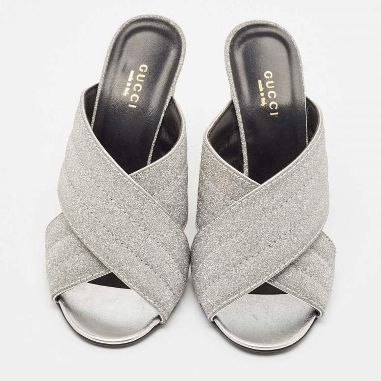 Pre Owned Gucci Silver Glitter Webby Criss Cross Slide Sandals Size 37.5
