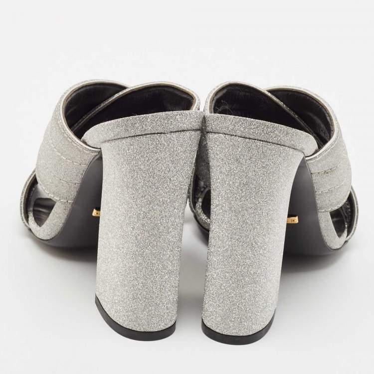 Pre Owned Gucci Silver Glitter Webby Criss Cross Slide Sandals Size 37.5