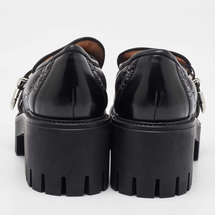 Pre Owned Gucci Black Cordovan Lux GG Leather Lug Sole Loafers 36.5