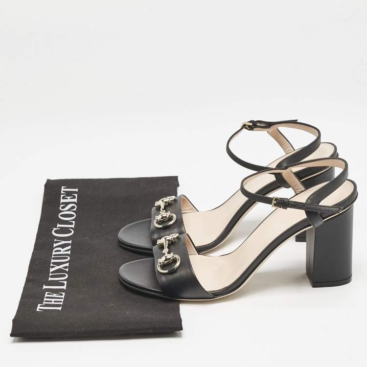 مملوكة مسبقًا Gucci Black Leather Horsebit  Open Toe  Ankle Strap Sandals Size 37.5