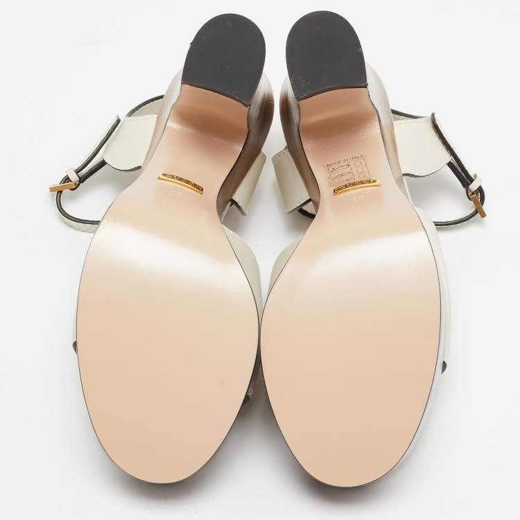 Pre Owned Gucci Cream Leather Horsebit Platform Block Heel Ankle Strap Sandals Size 36