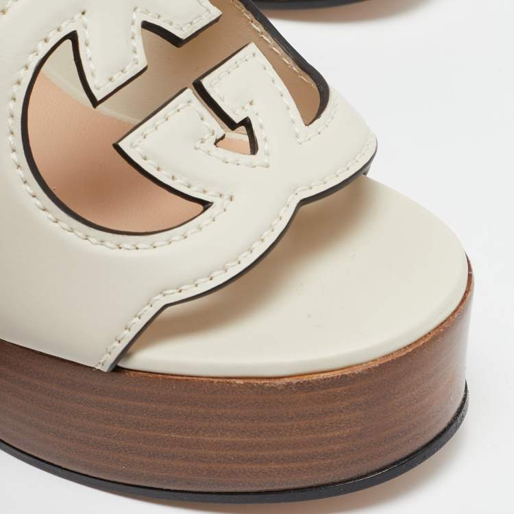 Pre Owned Gucci Cream Leather Horsebit Platform Block Heel Ankle Strap Sandals Size 36