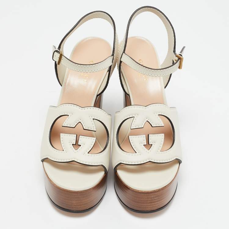 Pre Owned Gucci Cream Leather Horsebit Platform Block Heel Ankle Strap Sandals Size 36