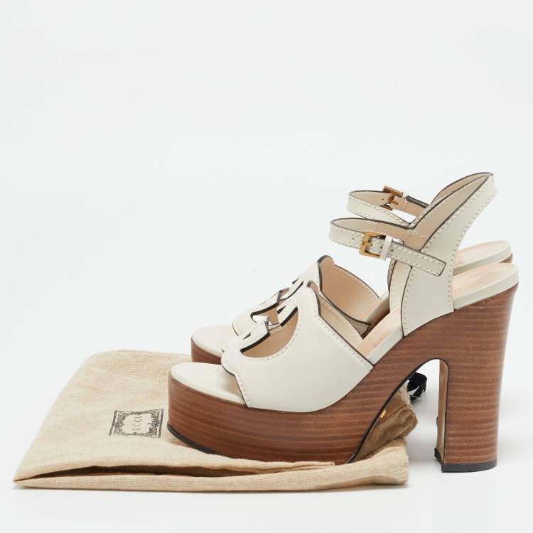 Pre Owned Gucci Cream Leather Horsebit Platform Block Heel Ankle Strap Sandals Size 36