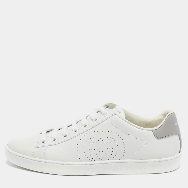 Pre Owned Gucci White Perforated Interlocking G Leather Ace Sneakers Size 37.5