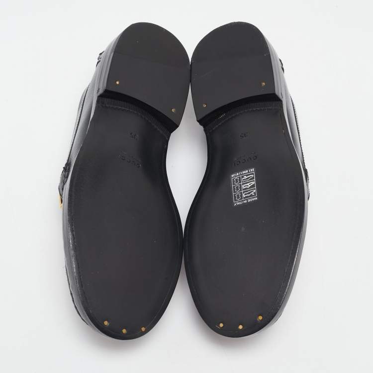 Pre Owned Gucci Black Leather Quentin Logo Plaque Slip On Loafers Size 35