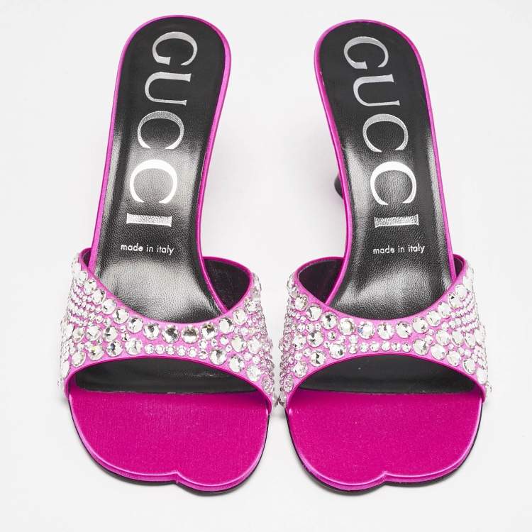 Pre Owned Gucci Pink Satin Galactica Crystal Embellished Slide Sandals Size 37