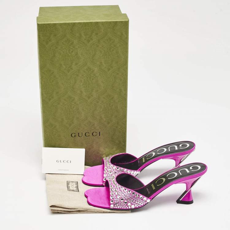 Pre Owned Gucci Pink Satin Galactica Crystal Embellished Slide Sandals Size 37