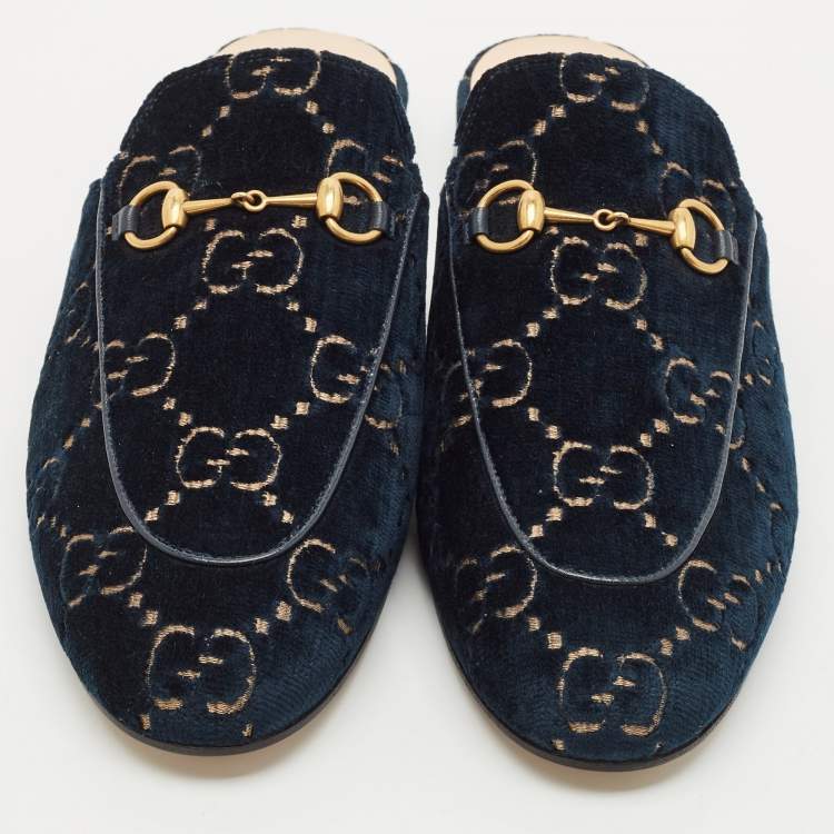 Pre Owned Gucci Navy Blue GG Velvet Princetown Flat Mules Size 41.5