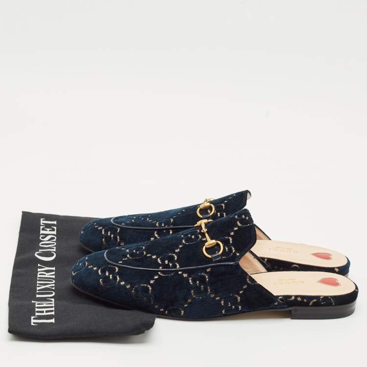 Pre Owned Gucci Navy Blue GG Velvet Princetown Flat Mules Size 41.5