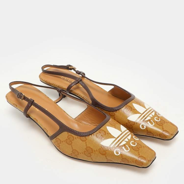 Pre Owned Gucci x Adidas Marigold/Brown Coated Canvas and Leather Slingback Sandals Size 36